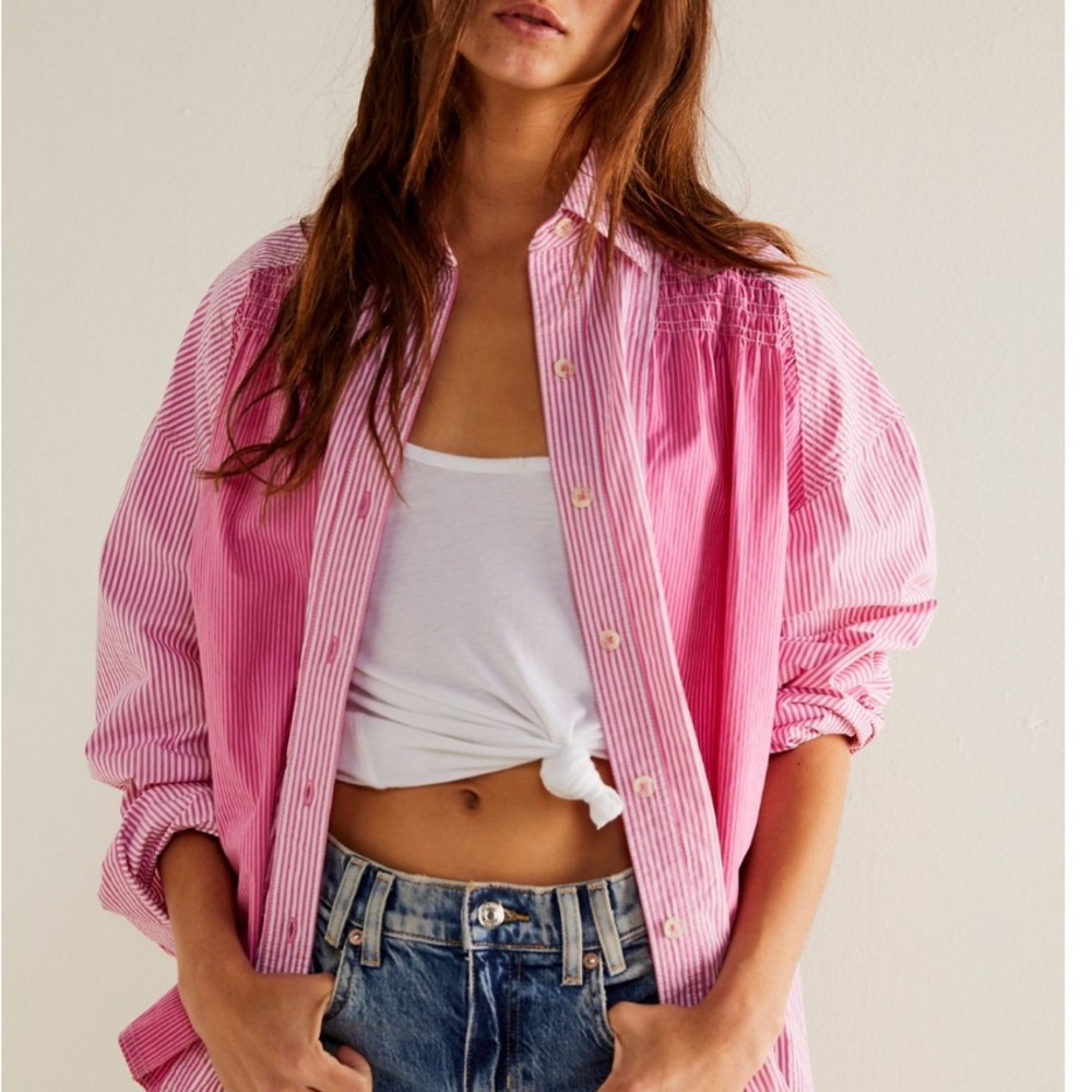 We The Free Pink Striped Up  Shirt NWT  M but fits like l/xl SOLD OUT 🌸